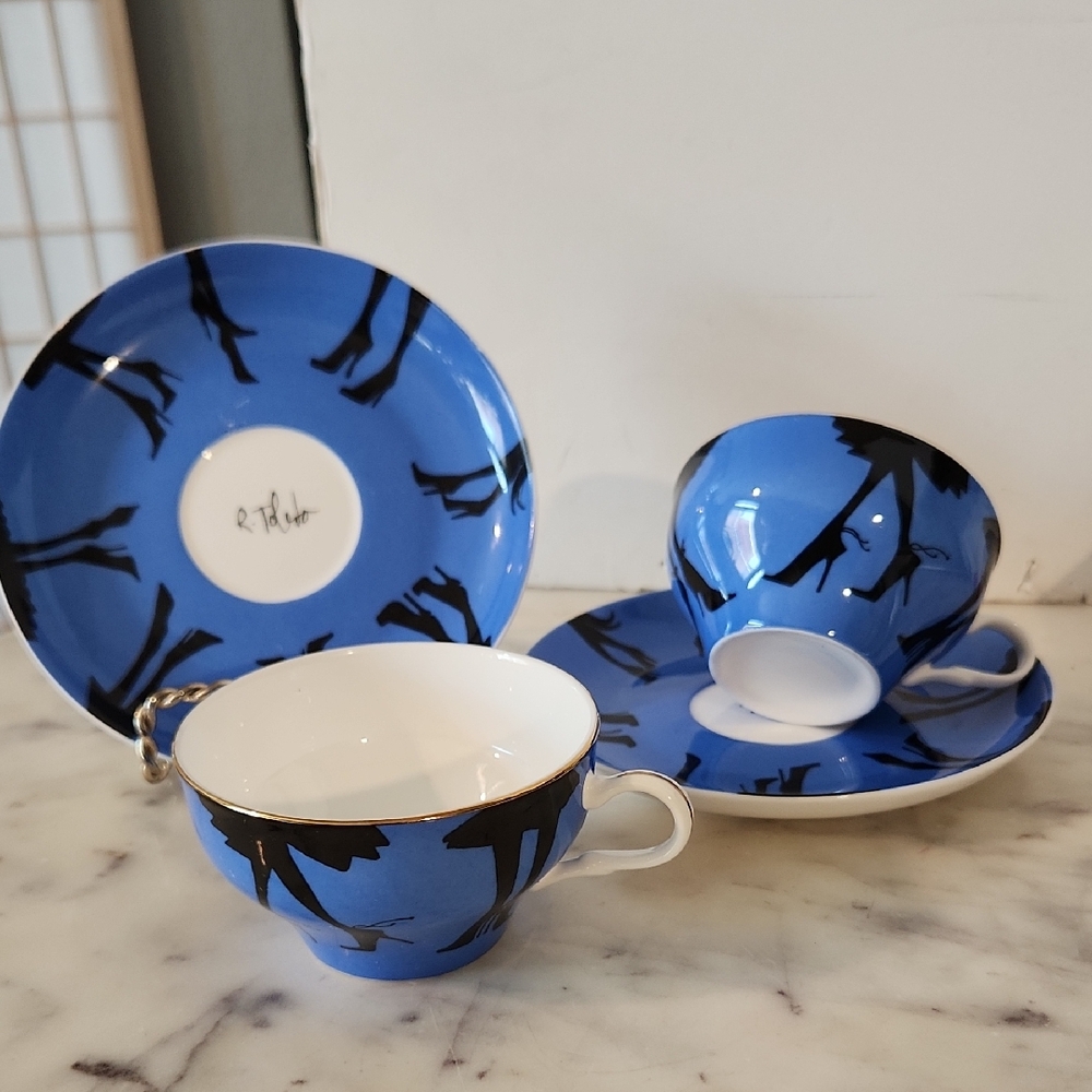 Nordstrom Blue and Black Floral Porcelain Tea Cup and Saucer Set